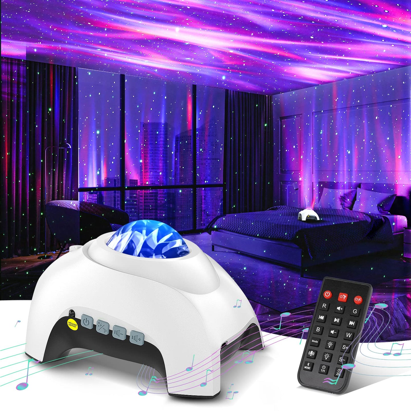 Northern Galaxy Light Aurora Projector with 33 Light Effects, Night Lights LED Star Projector for Bedroom Nebula Lamp, Remote Control, White Noises, Bluetooth Speaker for Parties White