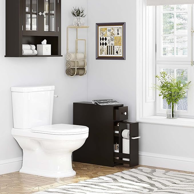 Spirich Slim Bathroom Storage Cabinet, Free Standing Toilet Paper Holder, Bathroom Cabinet Slide Out Drawer, Espresso