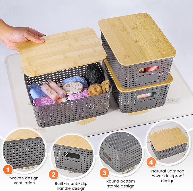 Plastic Storage Baskets With Bamboo Lid - Plastic Storage Containers Stackable Storage bins: Storage Baskets for Organizing Shelves Drawers Desktop Closet Playroom Classroom Office, 6 Pack, Gray