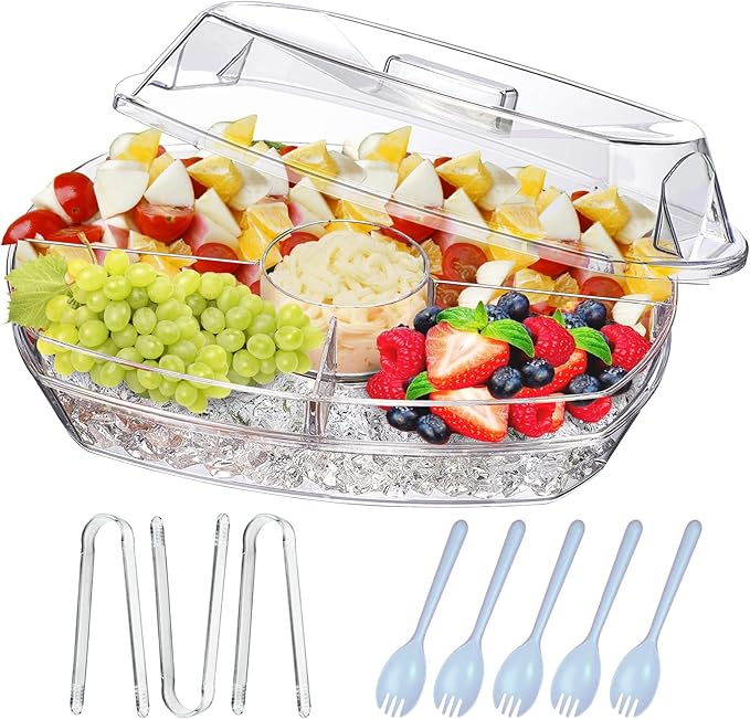 INNOVATIVE LIFE Large Salad Bowl with Ice Chiller Base and Lid, Kitchen Refrigerated Veggie Tray with Two Long Spoons, Party Platters for Food, Clear