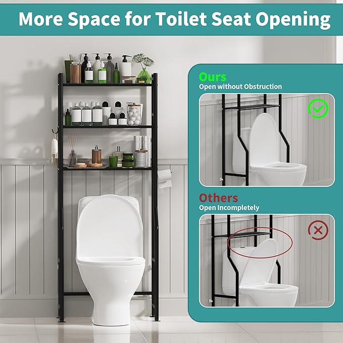 3-Tier Over The Toilet Storage with Paper Holder, Metal Bathroom Organizers and Storage for Small Space, Freestanding Bathroom Shelves with 4 Hooks, Above The Toilet Storage Shelf (Black)