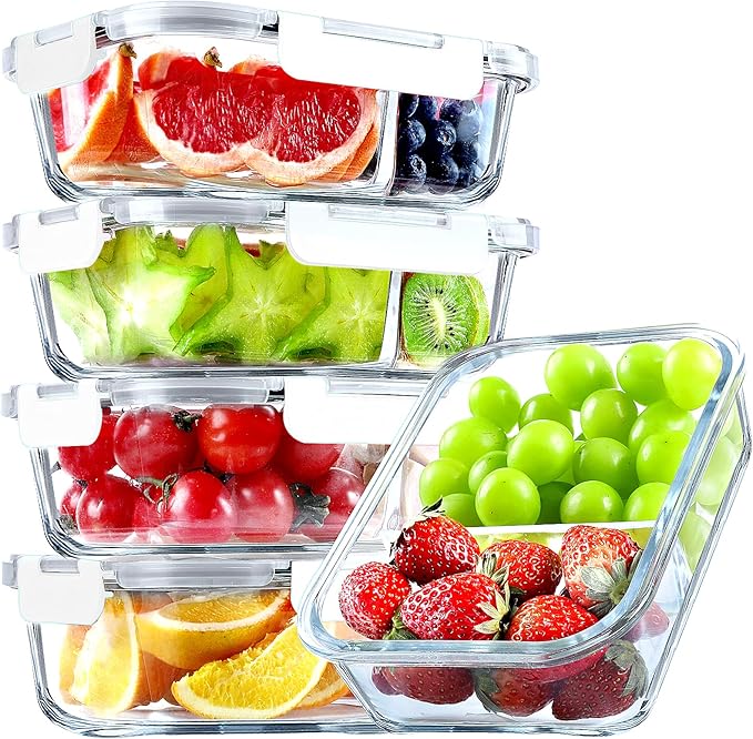 VERONES 5 PACK 36 OZ Glass Food Storage Containers 2 Compartment Set, Grey