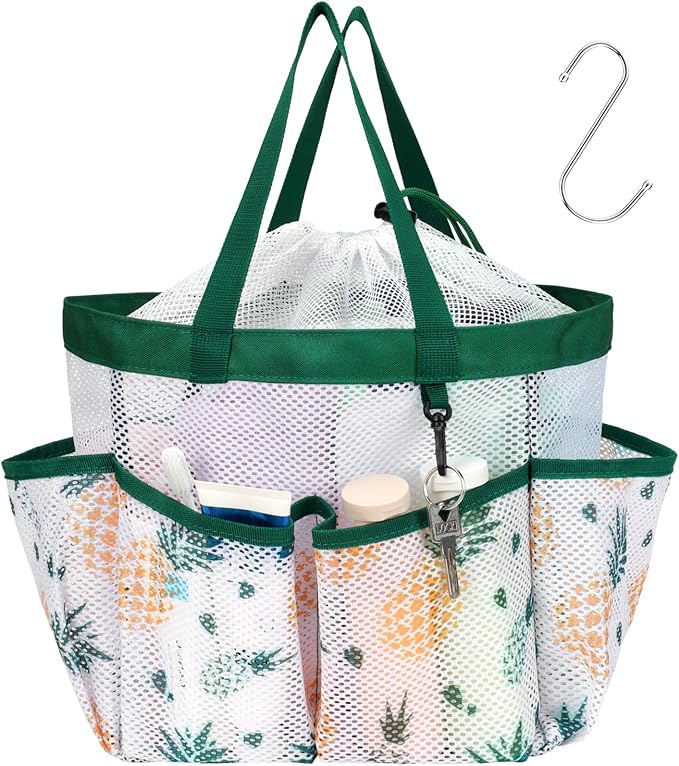 F-color Mesh Shower Caddy Portable with Drawstring - Large 8 Pockets Dorm Room Essentials for Guys Girls with S Hook, Shower Bag Basket Tote for College Camping Gym Travel Bathroom, Green Pineapple