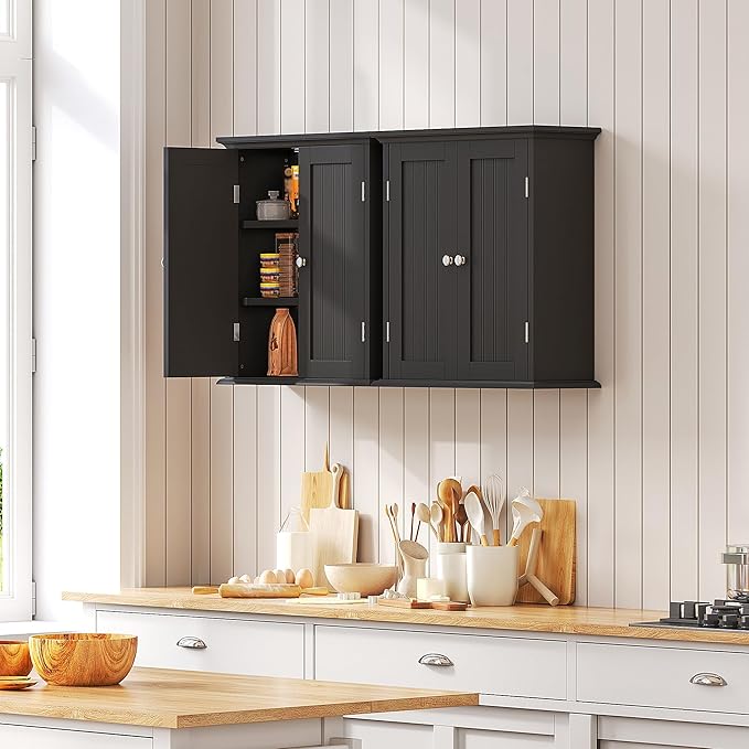 ChooChoo Bathroom Wall Cabinet Set of 2, Over The Toilet Space Saver Storage Cabinet, Medicine Cabinet with 2 Door and Adjustable Shelves, Cupboard, Black