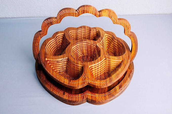 Morefordecor Handmade 18″ Collapsible Wooden Basket, 6-Compartment Paisley Design in Himalayan Rosewood – Fruit Basket, Bread Bowl & Trivet – Folds Flat for Easy Storage – Unique Centerpiece & Gift