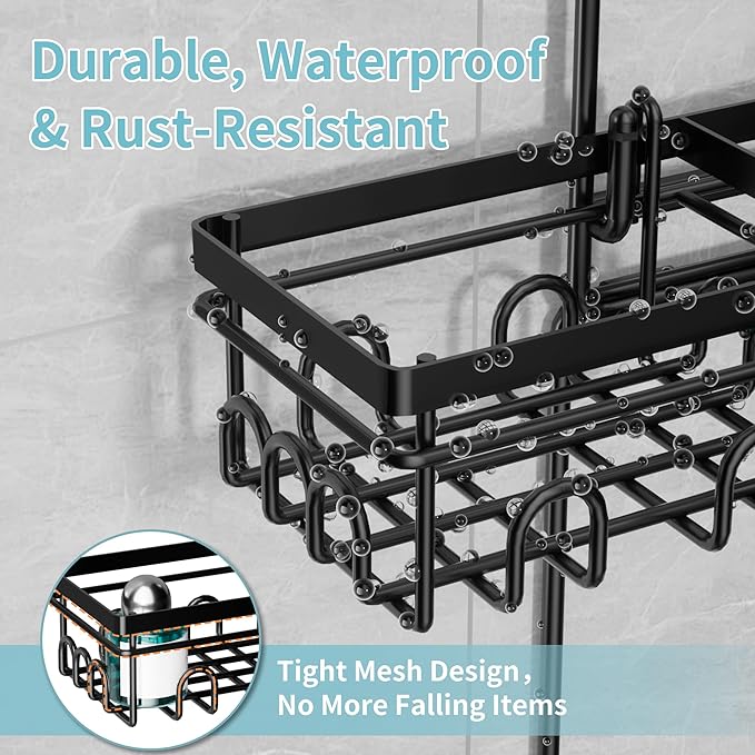 KEGII Split Hanging Shower Caddy for Handheld Showerheads, EXTRA Soap Holder & Toothbrush Holder, 24 Hooks Anti-Swing Over Showerhead Organizer, Rustproof Bathroom Shower Rack, Black