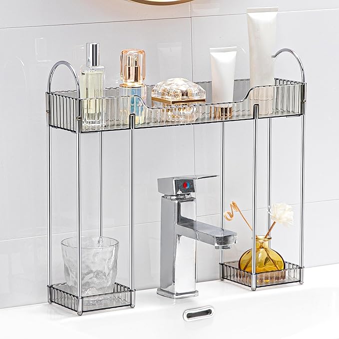 YCIA&DONE Bathroom Countertop Organizer Over The Faucet, Narrow Counter Organizers Above Sink, Table Mounted Faucet Over Sink Shelf for Kitchen, Toilet, Laundry(Smoky Gray)