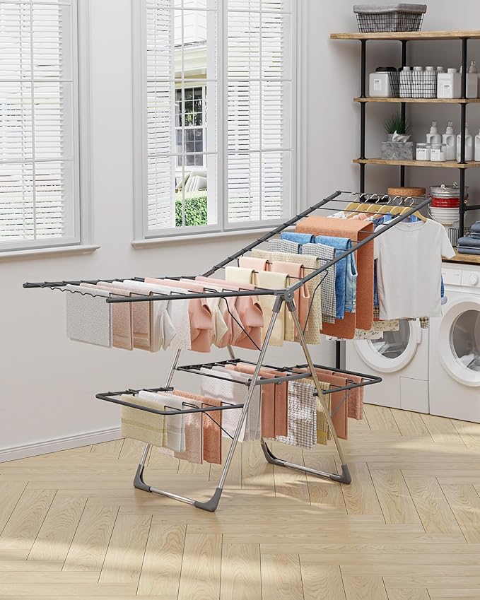 Clothes Drying Rack, Foldable 2-Level Laundry Drying Rack with Height-Adjustable Wings, for Clothing & Bedding, Free-Standing Space-Saving Rack, Indoor & Outdoor, 70" L × 22.8" W, Gray
