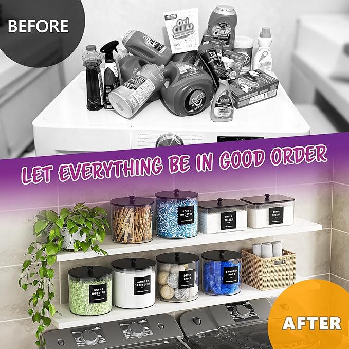 3 Pack Laundry Pods Container, Clear Laundry Room Organization Containers,Large Acrylic Detergent Powder Storage Containers Black Wooden Lids & Labels, Dryer Sheet Holder