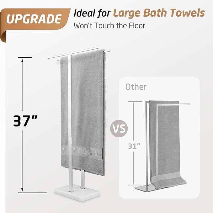 KES Standing Towel Rack with Marble Base, 37" H (Equal Height) Free Standing Towel Racks for Bathroom Floor, Fits Large Bath Towel, 18/8 Stainless Steel Polished Finish, BTH229