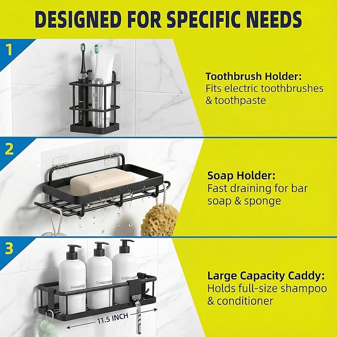 3-Pack Shower Caddy, Rustproof Iron Bathroom Shelves, No-Drill Shower Organizer Set with Soap Tray, Toothbrush Holder & 4 Hooks, Bathroom Organizer for Home/Dorm/Apartment (Black)