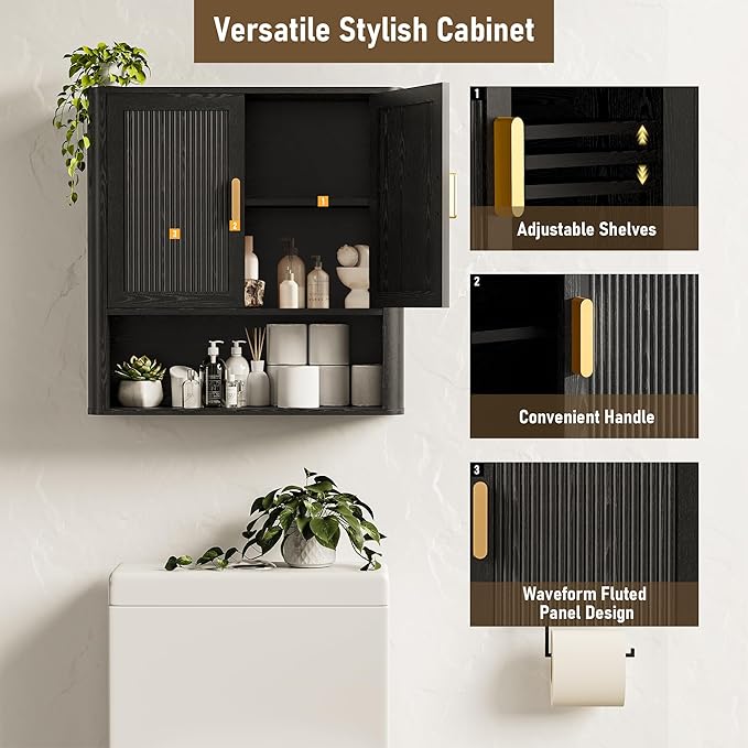 Bathroom Wall Cabinet, Wall-Mounted Medicine Cabinet with Adjustable Wood Shelf & Doors, Floating Bathroom Cabinet Over Toilet for Laundry Room & Kitchen & Living Room (Black)
