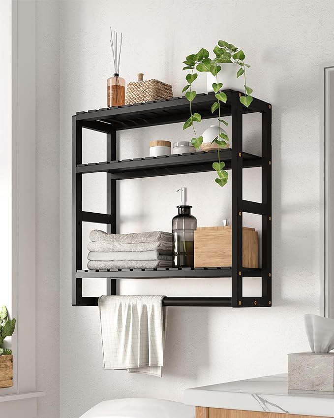 Bathroom Shelves Towel Racks Over Toilet Storage with Towel Bar 3 Tier Floating Wall Mounted Space Saving Bamboo Paper Holder for Bathroom Laundry Room Kitchen Organizers (Black)