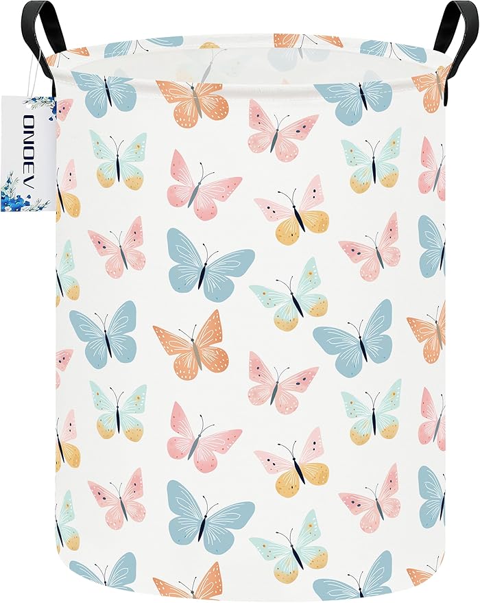 Round waterproof laundry basket,laundry Hampers with handle,gift basket,suitable for children's room and toy storage (Colorful butterfly)