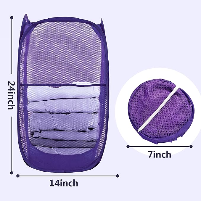 Pop Up Laundry Hamper, Mesh Laundry Basket Collapsible, Foldable Hamper for Travel and Storage (Purple)