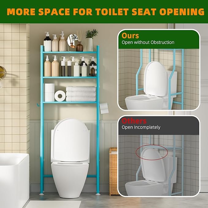 3-Tier Over The Toilet Storage, Space Saver Metal Bathroom Shelves, Freestanding Above Over Toilet Storage Shelf with 4 Hooks for Bathroom, Blue