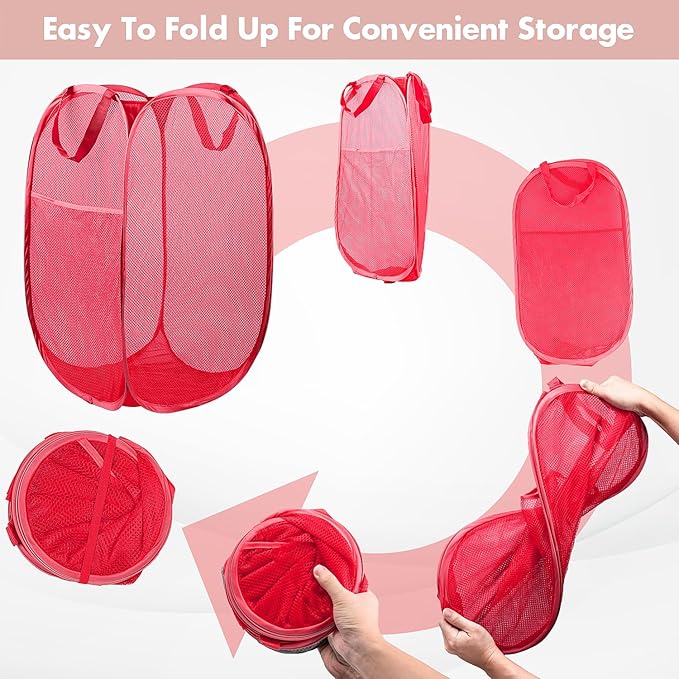 DUCOO Pop Up Hamper, 1 PCS Mesh Pop Up Laundry Hamper, Foldable Mesh Laundry Basket with Space-Saving Design for Home, Dorm, Travel & Storage - Red