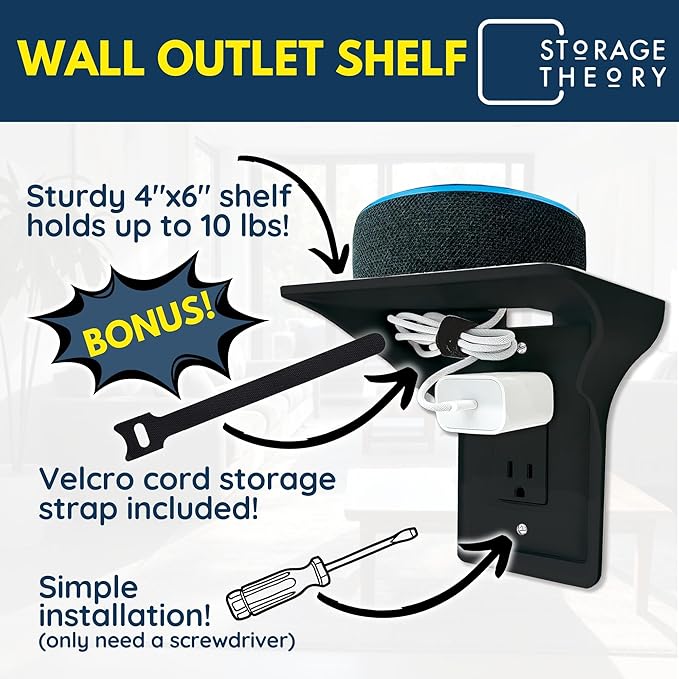 BeraTek Power Perch Wall Outlet Shelf with Cord Storage Strap - Declutter & Reclaim Bathroom Counter Space - Echo Dot Stand, Homepod Mini Wall Mount, Smart Home Devices Organizer - Black, 1-Pack