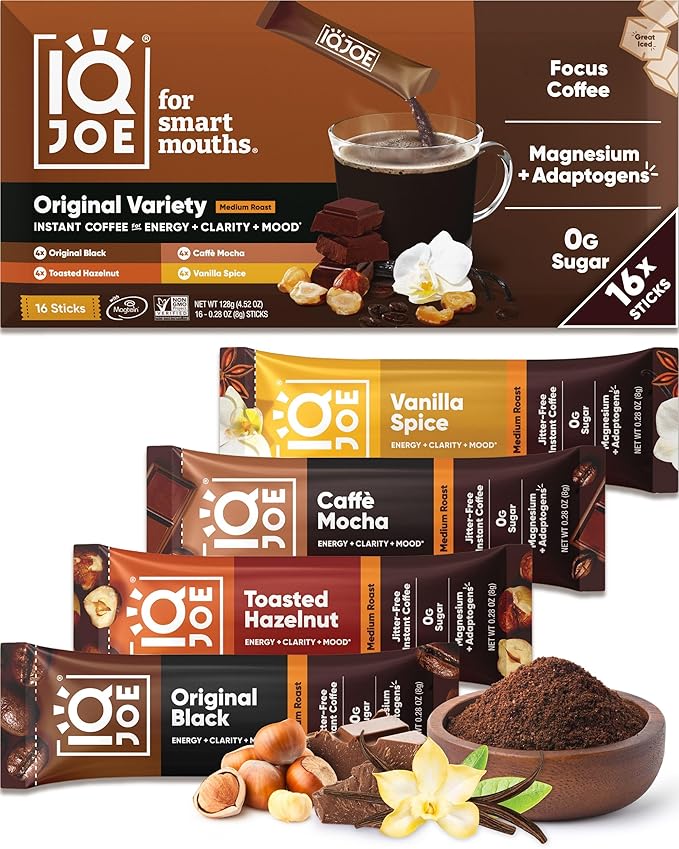 IQJOE Instant Mushroom Coffee Packets, Variety Pack, 16 Stick Packs