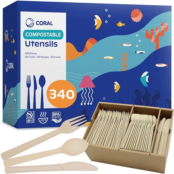 CORAL Light Brown Compostable Heavy Duty Spoons & Forks Set 220 Pieces Bulk