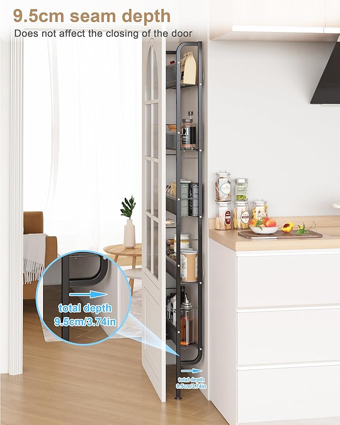 UMDONX Behind The Door Bathroom Shelf Narrow 5-Tier, Space-Saving Slim Storage Shelf Narrow Shelving Unit for Bathroom and Kitchen Black
