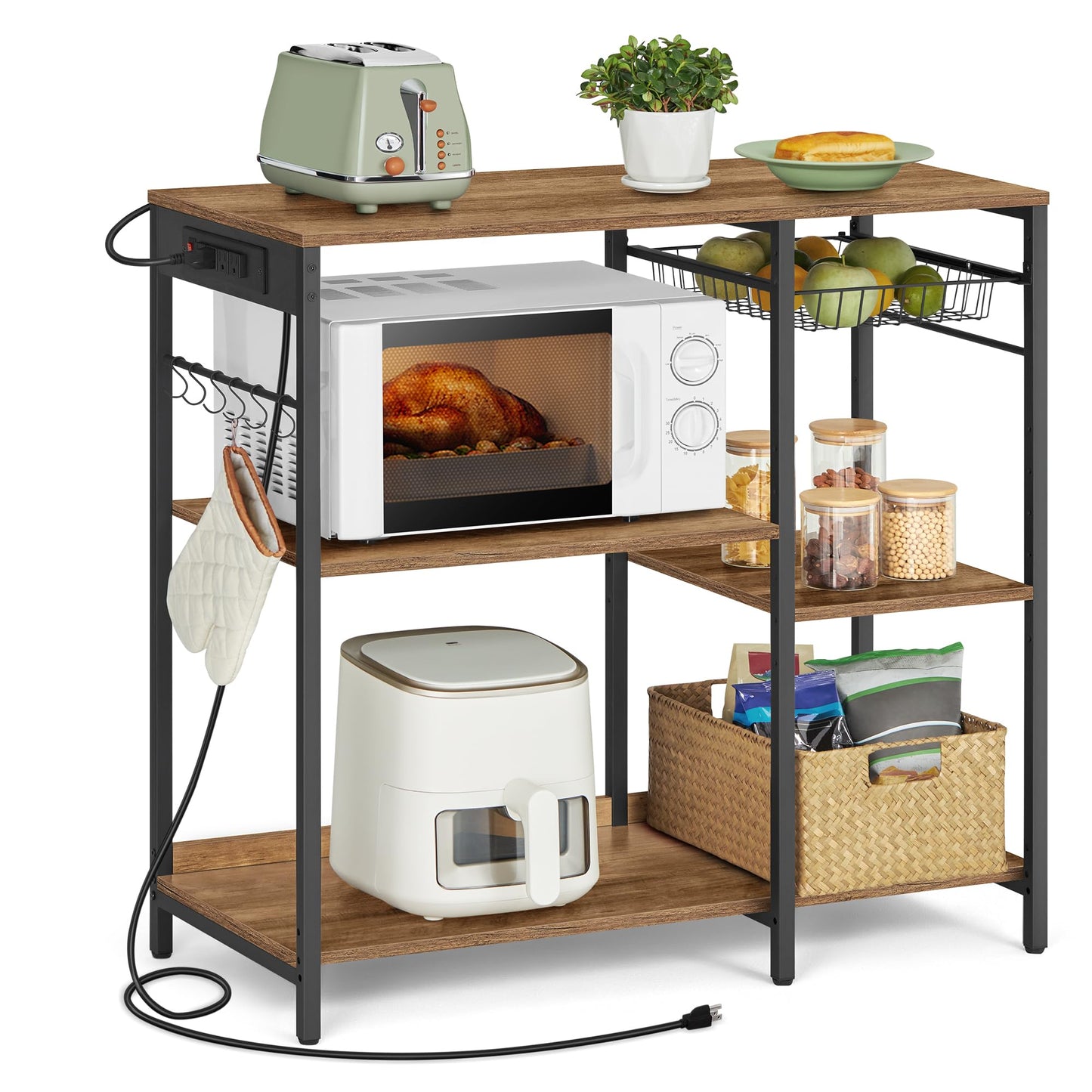 VASAGLE Kitchen Baker’s Rack, Steel Frame, Wire Basket, 6 Hooks