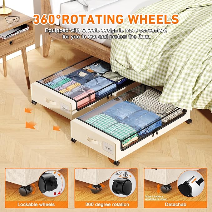 Under Bed Storage with Wheels, 2 Pack Under Bed Storage Containers with Dividers & Clear Lids, XXL 65L Under the bed storage Organizer Bins, Underbed Storage with Wheels for Clothes (White, 2 Pack)