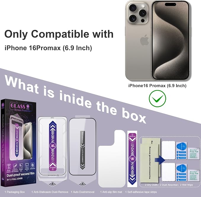 2 Pack Screen Protector for iPhone 16 Pro Max, 9H Tempered Glass, Full Coverage