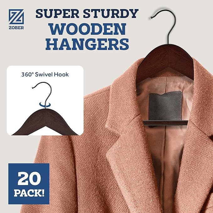 ZOBER Wooden Hangers - Heavy Duty, Non Slip Wood Hangers for Coats, Jackets, Suits, & Pants - Coat Hangers for Closet W/Bar and Notches 20 Pack
