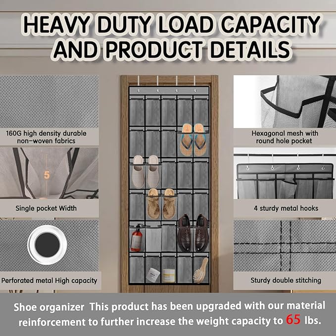 Over the Door Shoe Organizer with 30 Breathable Mesh Pockets - Large Capacity Closet Storage for Men & Women, Hanging Shoe Rack Organizer (Gray)
