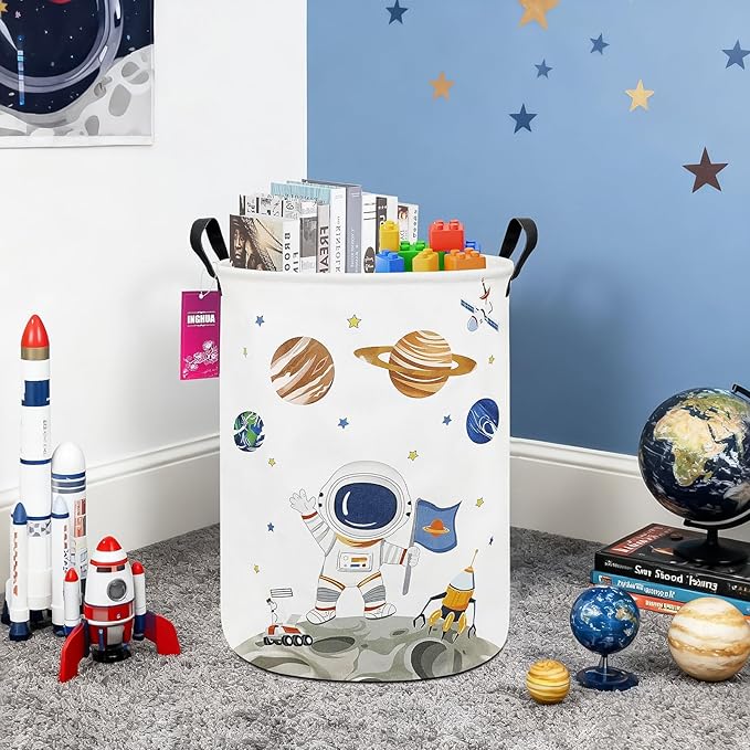Laundry Hamper Large Canvas Fabric Lightweight Storage Basket/Toy Organizer/Dirty Clothes Collapsible Waterproof for College Dorms, Boys and Girls Bedroom,Bathroom(Space astronaut)
