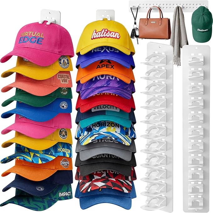 2 Pack Hat Organizer for Baseball Caps, Detachable DIY Hat Rack for Wall Hat Holder Hold up to 22 Hats, Baseball Cap Organizer Cap Holder Hat Hangers for Wall Closet Door Bedroom (C-White)