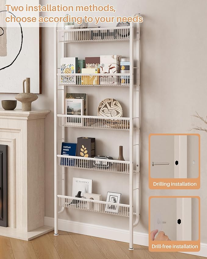 UMDONX Behind The Door Bathroom Shelf Narrow 5-Tier, Space-Saving Slim Storage Shelf Narrow Shelving Unit for Bathroom and Kitchen White
