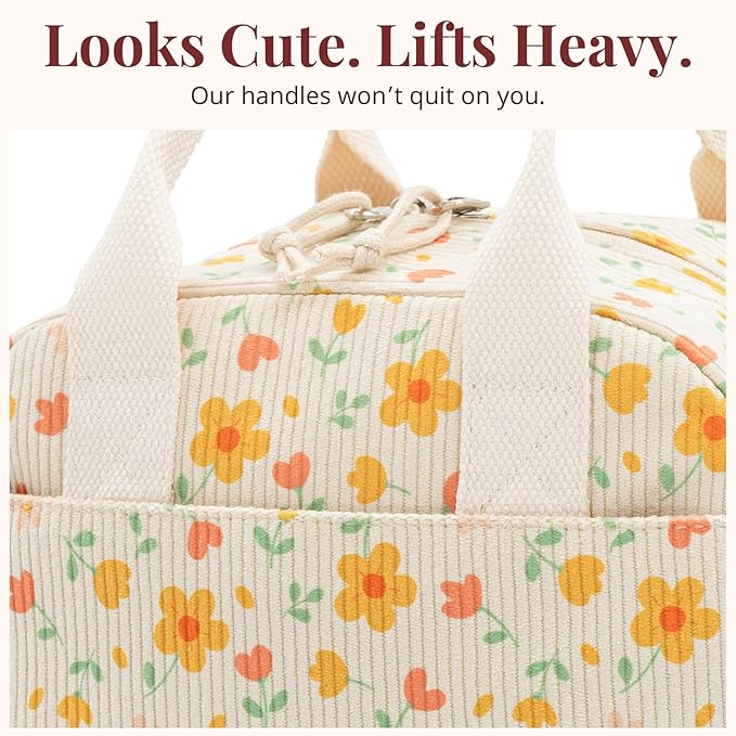 Insulated Yellow Floral Lunch Bag for Women, Stylish Corduroy Tote with Aluminum Lining, Large Capacity Reusable Cooler for Work, Travel, Beach or Picnic, Floral Water-Resistant Lunch Box