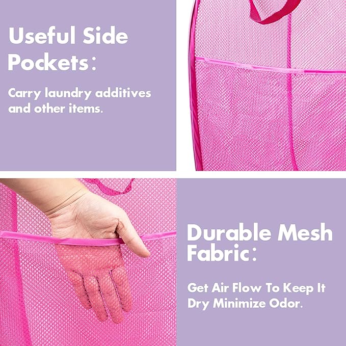 DUCOO Pop Up Hamper, 2 PCS Mesh Pop Up Laundry Hamper, Foldable Mesh Laundry Basket with Space Saving Design for Home, Dorm, Travel and Storage, Pink