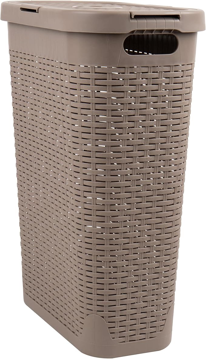 Mind Reader Slim Laundry Hamper with Lid, 40L Clothes Basket, Premium Wicker Design, Plastic, Tan