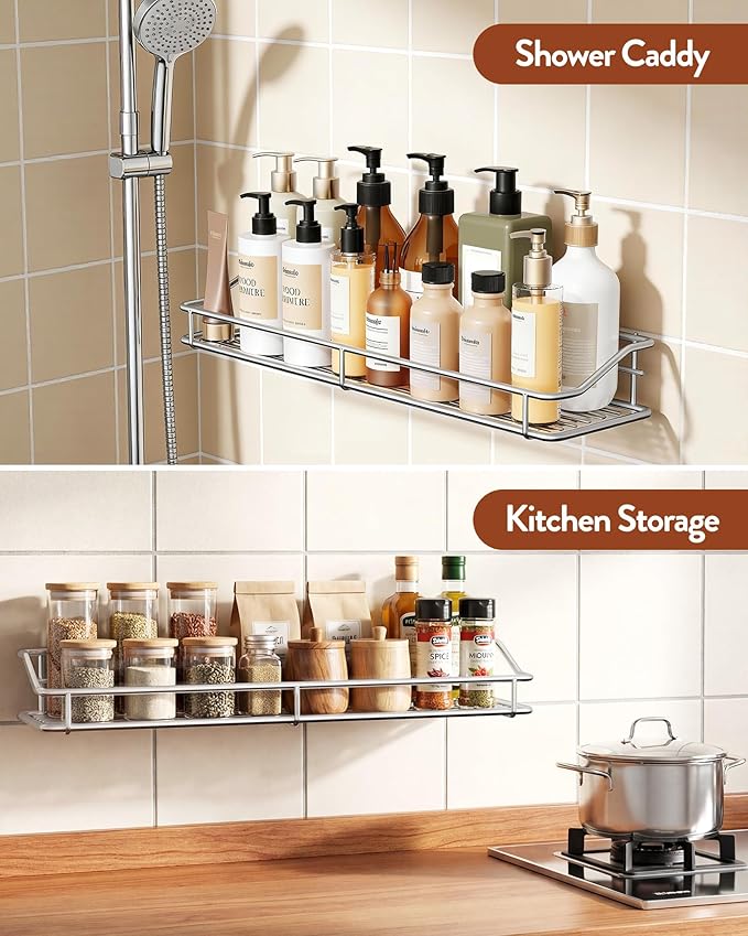 Orimade Bathroom Shelf Organizer Shower Caddy Storage Kitchen Rack with Traceless Transparent Adhesive No Drilling SUS304 Stainless Steel, 15.75 inch, Silver