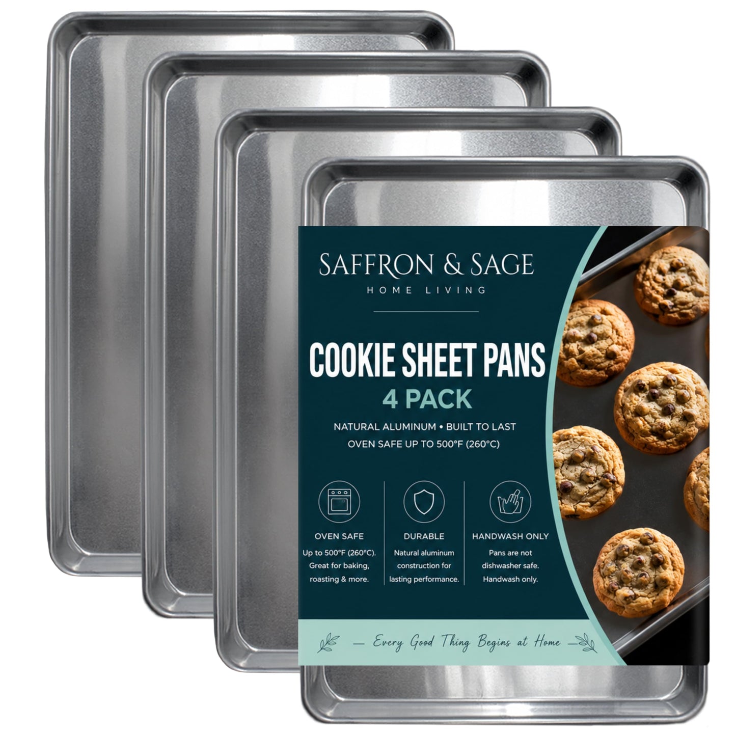Commerical Quality Cookie Sheet Pan - 4 Pack Aluminum Half Sheet Baking Pan by Saffron & Sage Home Living - This 18x13 Rimmed Baking Sheet Set is Rust & Warp Resistant, Heavy Duty, of Thick Gauge