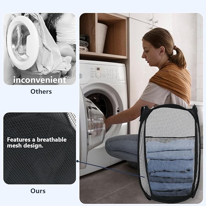 Pop Up Laundry Hamper, Mesh Laundry Basket Collapsible, Foldable Hamper for Travel and Storage (Black)