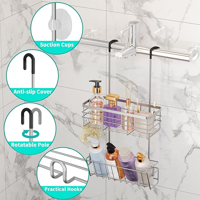 HapiRm Hanging Shower Caddy Organizer - No Drilling Shower Organizer with Inclined Shelf, Rustproof & Waterproof 304 Stainless Steel Bathroom Caddy - Silver