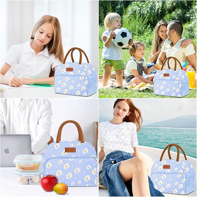 Coobiiya Lunch Bag Lunch Box for Women Men, Reusable Cute Lunchbag - Leakproof, Adult Insulated Lunch Box Tote with Large Capacity, Cooler Container for Work, Travel, Office (Blue Daisy)