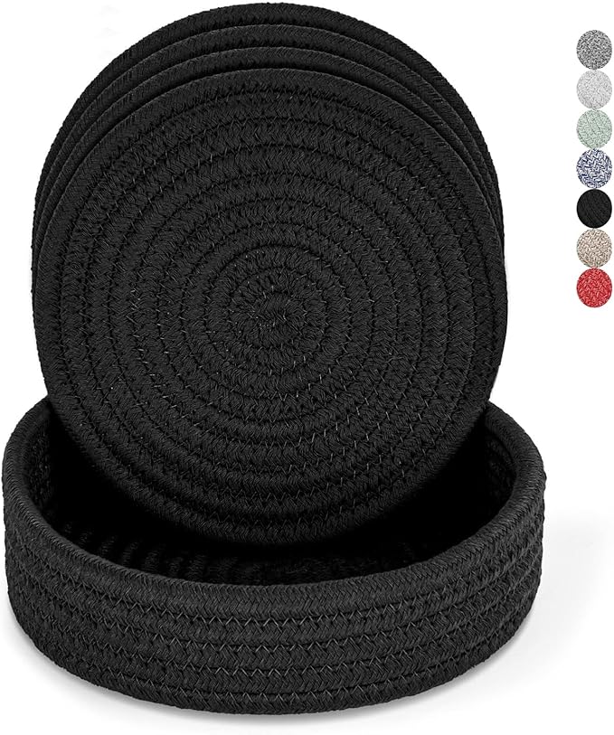 Trivets for Hot Dishes, Pots and Pans, Hot Pads with Storage Basket, Pot Holders for Kitchen, Heat Resistant Mat Protect Counter Home Essentials, Farmhouse Decor (Deep Gray 4 PCS)