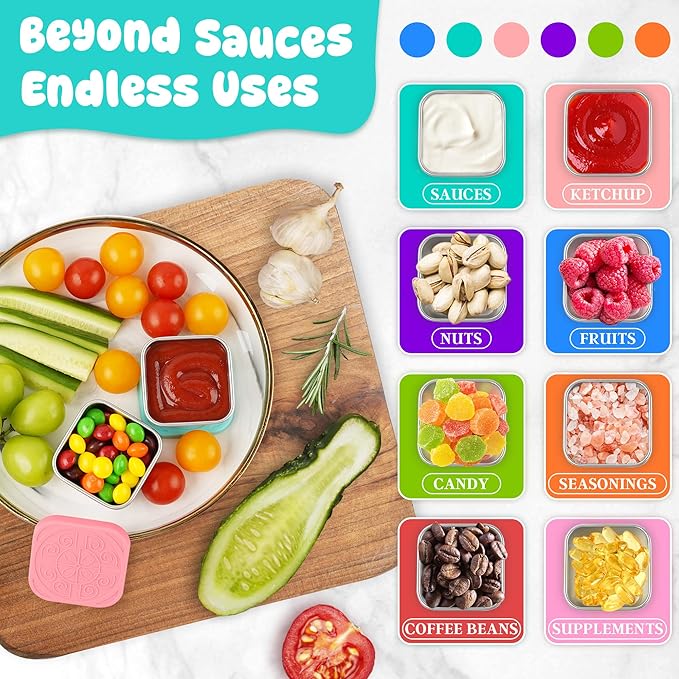 6x2.7oz Salad Dressing Container to Go, Leakproof Reusable Stainless Steel small container with lid,Sauce Containers for Lunch box,Picnics,Travel,Office and Meal Prep-Square