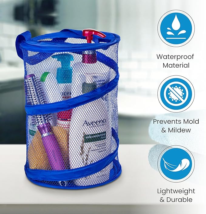 Handy Laundry Foldable Shower Caddy - Collapsible, Portable, Drainage Hole, Carry Handle, Large Compartments. Great Organizer for Camp, Travel, Gym, and Dorm (Blue)
