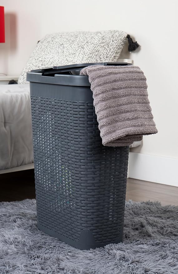 Mind Reader Slim Laundry Hamper with Lid, 40L Clothes Basket, Premium Wicker Design, Plastic, Gray