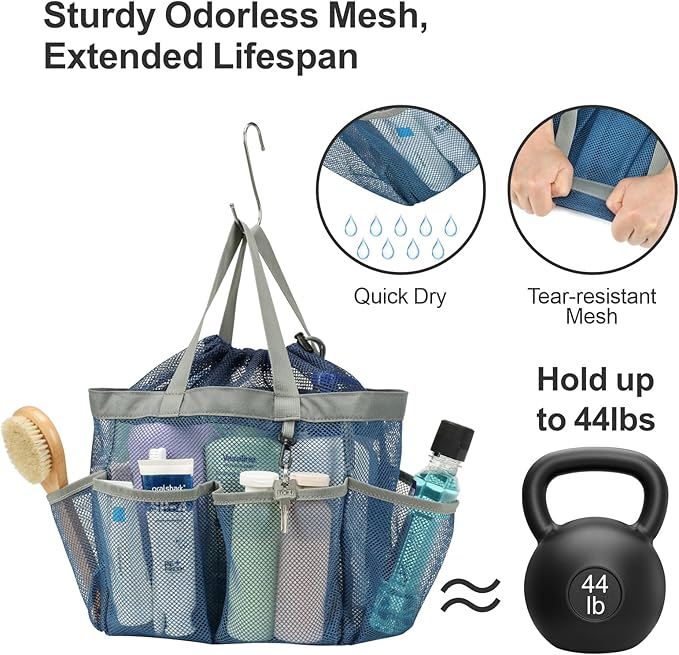 F-color Mesh Shower Caddy Portable with Drawstring - Large 8 Pockets Dorm Room Essentials for Guys Girls with S Hook, Shower Bag Basket Tote for College Camping Gym Travel Toiletry Bathroom, Blue