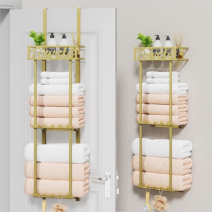 HapiRm Towel Rack Bathroom Storage - 3 Tier Over The Door & Wall Mounted Rolled Towel Racks Holder Organizer with Metal Shelf and 6 Hooks for Small Bathroom, Camper, Rv - Gold