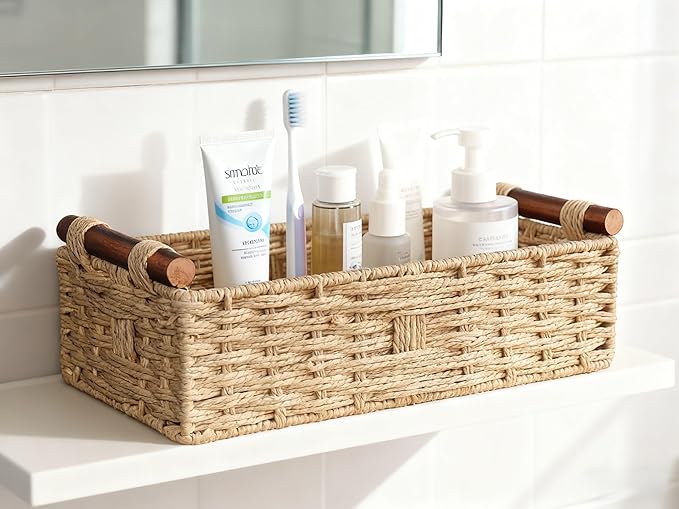 Toilet Tank Basket for Top of Toilet, Khaki Wicker Toilet Paper Basket (Holds 2 Rolls), Handwoven Paper Rope Toilet Tank Organizer with Wooden Handles, Bathroom Baskets for Organizing