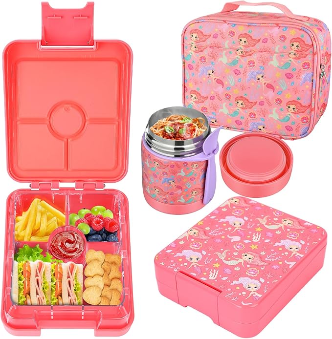 Bento Lunch Box Set for Kids with 10oz Soup Thermo, Leak-Proof Lunch Containers with 4 Compartment, Kids Thermo Hot Food Jar and Insulated Lunch Bag for Kid to School,BPA-Free(Dragon)