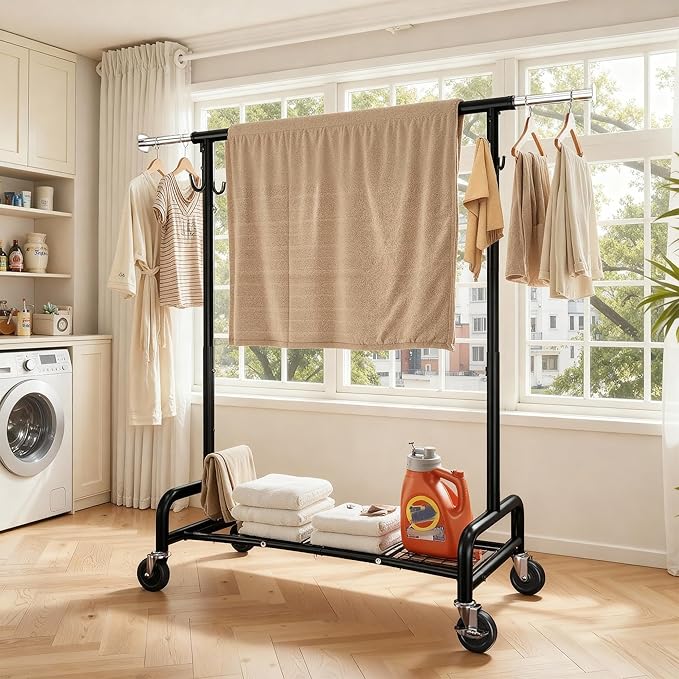 Raybee 75" W Heavy Duty Clothes Rack Load 450 LBS, Metal Garment Storage with Shelf, Lockable Wheels & Anti-Slip Stoppers, Rolling Clothing Rack for Bedroom Laundry Room, Black